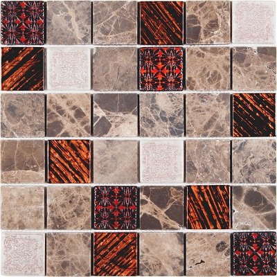 DCP092 - Beige Marble/Glass/Decor Mosaic 2"x2" - Sheet 12"x12"